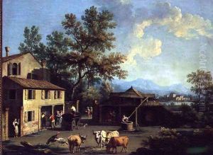 A Farmyard with Peasants and Animals by Gianbattista Cimaroli