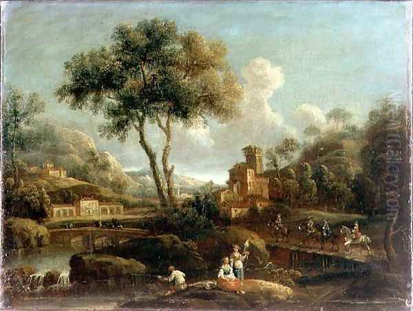 A wooded river landscape with travellers - view 1