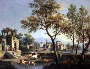 A Village Street with Peasants and Cattle by Gianbattista Cimaroli