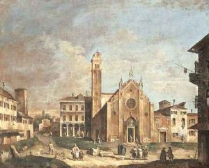 A capriccio view of Venice, with the church of Santa Maria Gloriosa dei Frari, and the Fabbriche Vecchie of Rialto beyond by Gianbattista Cimaroli