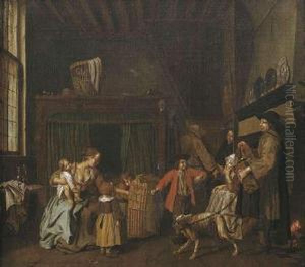 Visit Of A Hurdy-gurdy Player In Parlor. - view 1