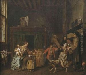 Visit Of A Hurdy-gurdy Player In Parlor. by Jan Jozef, the Younger Horemans