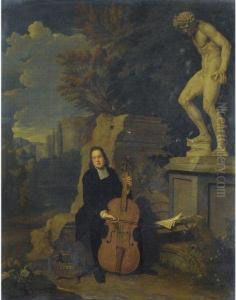 A Musician Playing The Violoncello In A Landscape With Classicalstatuary And Ruins by Jan Jozef, the Younger Horemans