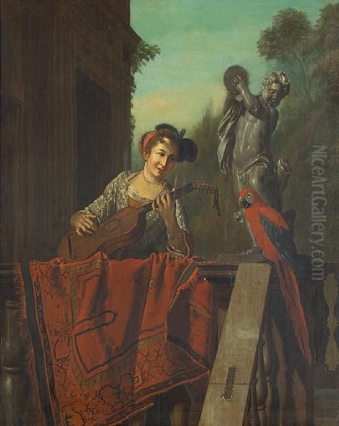 A Turkish Gentleman At A
Balustrade; Also A Companion Painting Of A Woman Playing A Guitar - view 1