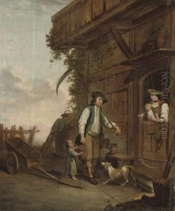 A Peasant With His Family By A Cottage by Jan Josef, the Elder Horemans