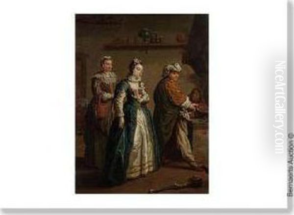 Interieur De Cuisine Avec Dame Noble, Servante Et Deux Figures Pres De La Cheminee. - view 1