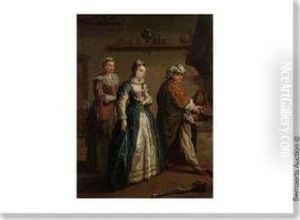 Interieur De Cuisine Avec Dame Noble, Servante Et Deux Figures Pres De La Cheminee. by Jan Josef, the Elder Horemans