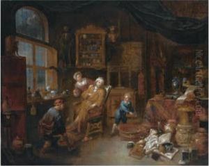 A Doctor's Interior With A
Doctor Treating A Patient's Ankle, Together With A Woman Offering A
Drink And A Little Boy Nearby, A Still Life Of Books, Jugs, Pots And A
Skull To The Right Foreground by Jan Josef, the Elder Horemans