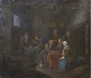 A Tavern Interior With Figures 
Drinking, Smoking And Playing A Game Near An Open Fireplace