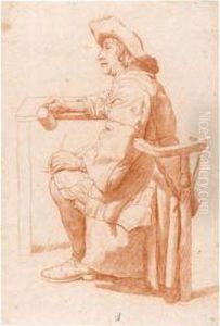A Man Seated Smoking At A Table, Holding A