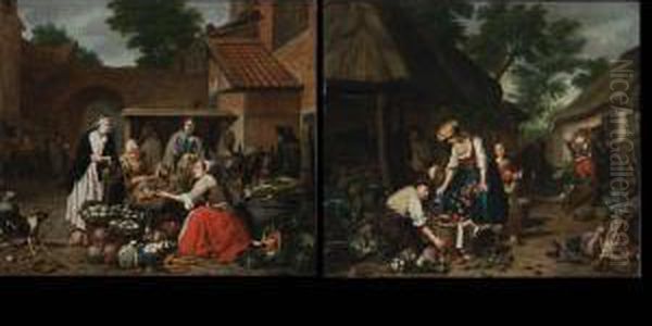 A Farm Scene With A Woman
Putting Apples In A Basket, Other Figures And A Cart In The Background
Near A Barn - view 1