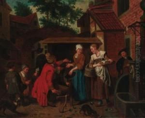 Townsfolk Buying Mussels In A Courtyard