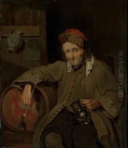 A Man Holding A Pipe And A Tankard, Seated By A Cask Of Ale In Atavern