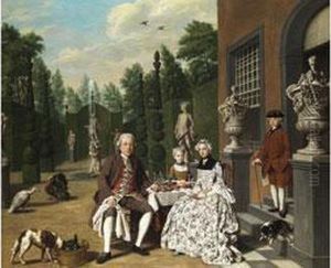 Adelige Familie Auf Der Terrasse Vor Dem Schloss Am Gedecktentisch