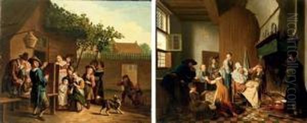A Village Scene With A
Puppeteer; And A Domestic Interior With A Boy Being Scolded For Breaking
A Plate - view 1