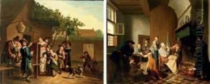 A Village Scene With A 
Puppeteer; And A Domestic Interior With A Boy Being Scolded For Breaking
 A Plate