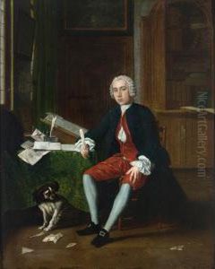 A Full-length Portrait Of A Gentleman With His Dog In An Elegant Interior