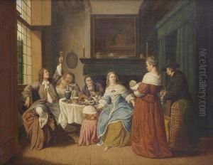 An Elegant Company Eating And Drinking In An Interior by Jan Jozef, the Younger Horemans