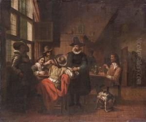 An Interior With Gentlemen Playing Cards