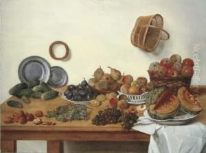A Sliced Melon, Apples, Pears, 
Plums, Gherkins By Two Pewterplates, With Nuts And Black And White 
Grapes By A White Cloth On Atable With A Wicker Basket Hanging From A 
Wall