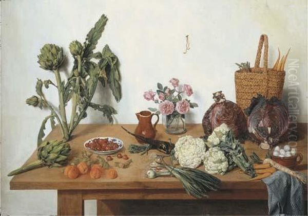 Cauliflower, Onions, Peaches, 
Cherries, Artichokes, Roses In A Glass Vase, A Jug, A Basket With 
Carrots, Cabbages And Eggs With A Blue Cloth On A Table - view 1