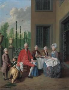 Group Portrait Of The Van Den Bosch Family, Dining By A House, Atopiary Garden Beyond