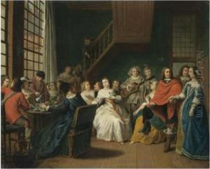A Domestic Interior With Elegant Figures Taking Tea Before Others Performing A Play by Peter Jacob Horemans