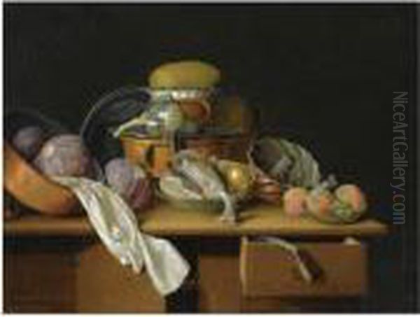 A Kitchen Still Life With
Cabbages In A Pewter Pot, A Cauliflower On A Pewter Plate, A Chicken And
A Pear In A Bowl, Peaches And Grapes In A Bowl, All On A Wooden Table - view 1