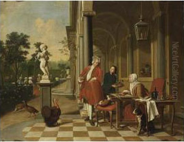 An Elegant Man Smoking A Pipe
With An Elegant Lady Embroidering In A Classical Archway, Together With A
Servant Offering Fruits, A Merry Company In A Formal Garden To The
Background - view 1