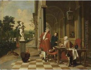 An Elegant Man Smoking A Pipe 
With An Elegant Lady Embroidering In A Classical Archway, Together With A
 Servant Offering Fruits, A Merry Company In A Formal Garden To The 
Background