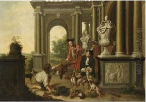 The Successful Hunt: An Elegant 
Hunting Party Near A Classical Building With A Sleeping Sportsman To The
 Foreground And A Staghunt To The Background