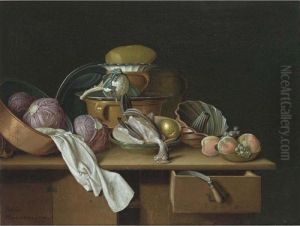 A Kitchen Still Life With
Cabbages And A Cauliflower In Pewter Pots, A Chicken And A Pear In A
Bowl And Peaches And Grapes In A Bowl, All On A Wooden Table by Peter Jacob Horemans