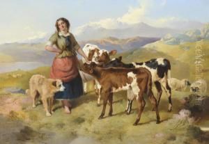 Milkmaid With Calves In A Lakeland Landscape