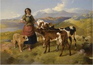 Highland Landscape With A Shepherdess Feeding Calves