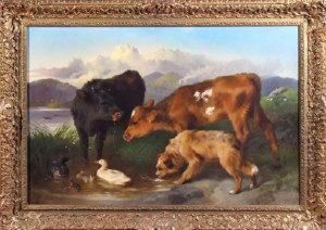 Calves And A Dog Drinking At A Riverbank