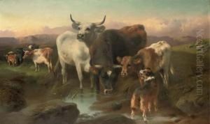Cattle Watering At A Highland Stream by George W. Horlor