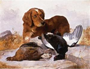 A Setter With Game Birds In A Highland Landscape by George W. Horlor
