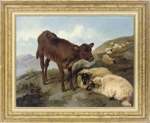 A Calf And Sheep In A Landscape by Joseph Horlor