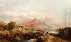 Welsh Lakeside View With Cattle And Figures Ona Bridge