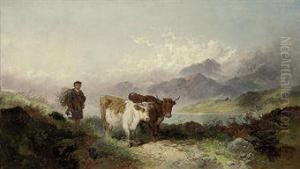 A Drover And Cattle Beside A Highland Loch by Joseph Horlor