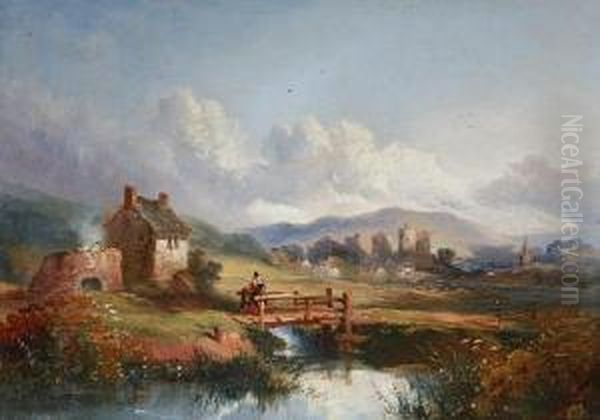 A Welsh Landscape, With A Lady In Welshcostume Crossing A Bridge By A Cottage - view 1