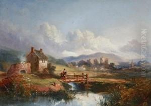 A Welsh Landscape, With A Lady In Welshcostume Crossing A Bridge By A Cottage