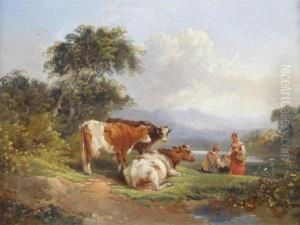 Pastoral Scene With A Family And Cattle By A River