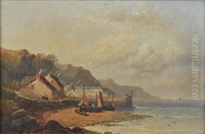 Figures And Beached Fishing Vessels On The Shore