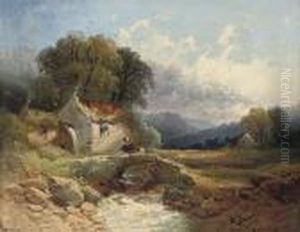 Figures Crossing A Bridge Before A Cottage by Joseph Horlor