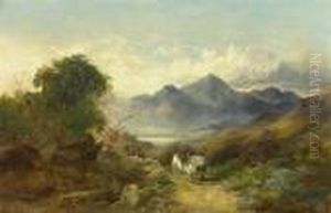 Landschaft Mit Pferden, Reiter Und Gebirge Im Hintergrund.