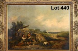 Study Of A Gypsy Encampment 
Onmoorland Setting With Family, Children And Dogs, Cottage In The 
Farground