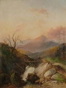 A Traveller Crossing A Bridge Over A Waterfall, Mountains In The Distance by Joseph Horlor
