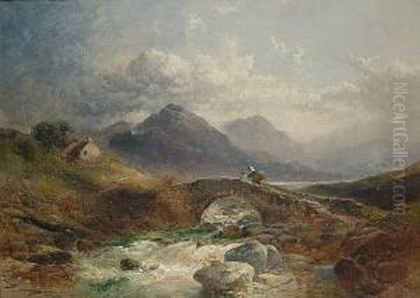 Highland Scene With Figures Crossing A Stream - view 1