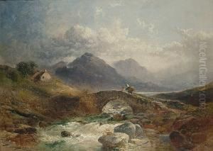 Highland Scene With Figures Crossing A Stream by Joseph Horlor